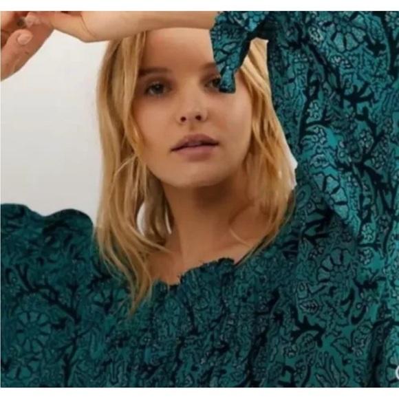 Free People See Ya Later Green Black/Turquoise Smocked Floral Dress Size XS - Picture 3 of 12